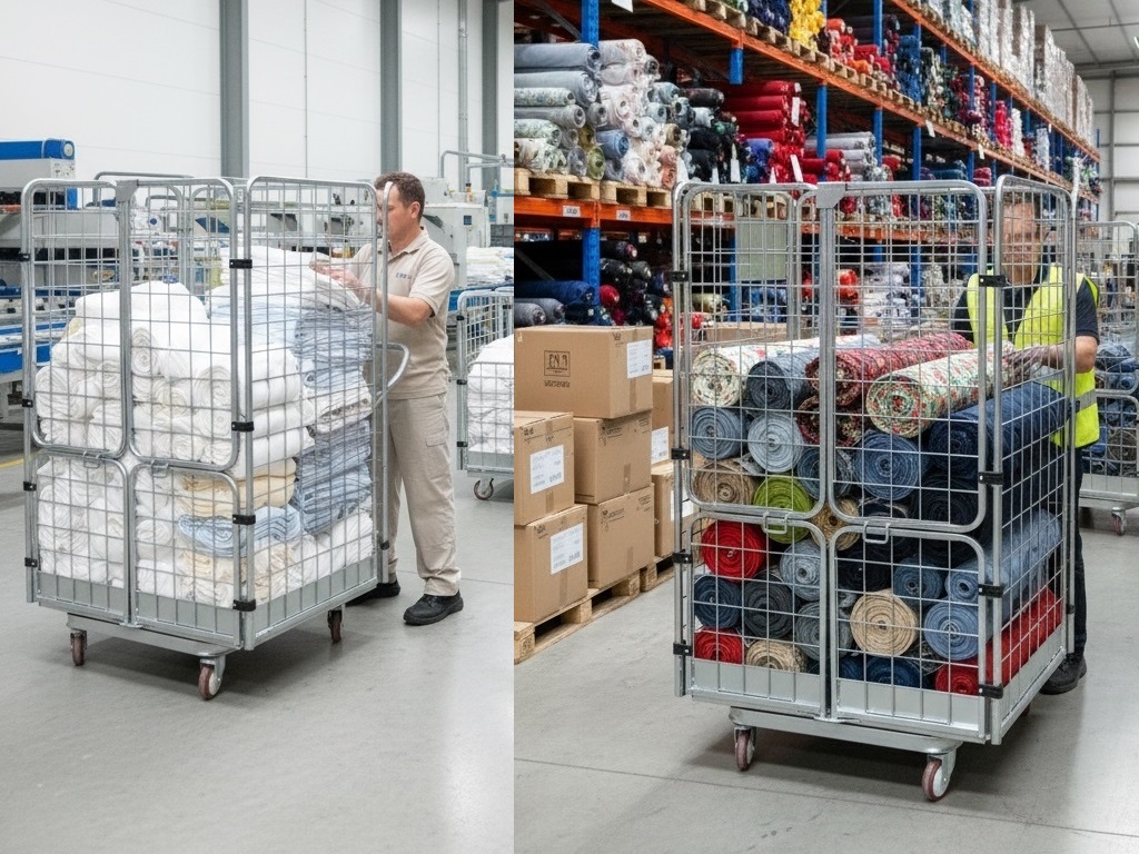 Gaiola grande com rodas para transporte de rolos de malha