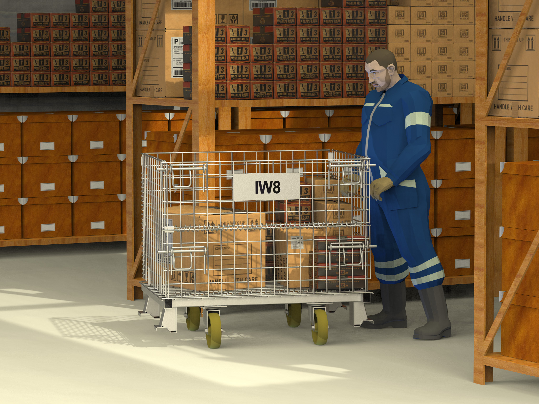 Racks metálicos galvanizados empilhados em armazém